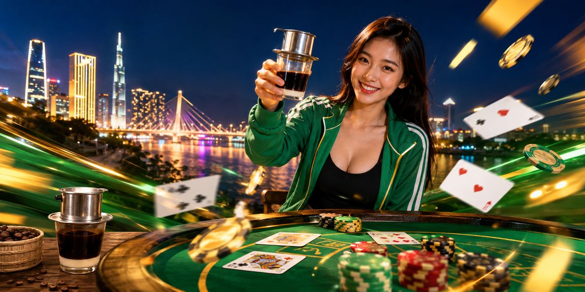 Khung cảnh thành phố Hồ Chí Minh nhộn nhịp với người chơi baccarat trực tuyến thưởng thức cà phê